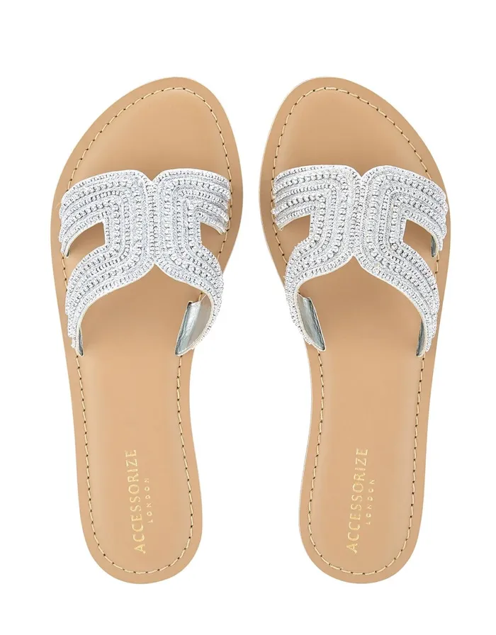 Accessorize Bella Metallic Beaded Slider Silver Silver Women Sandals and Flip Flops