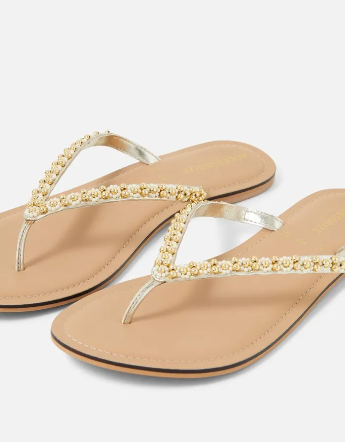 Accessorize Daisy Beaded Flip Flops Natural Ivory Women Sandals and Flip Flops