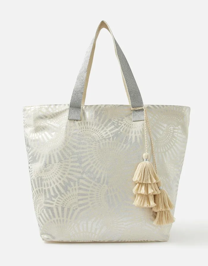 Accessorize Mia Metallic Shell Print Tote Bag Silver Silver Women Beach Bags