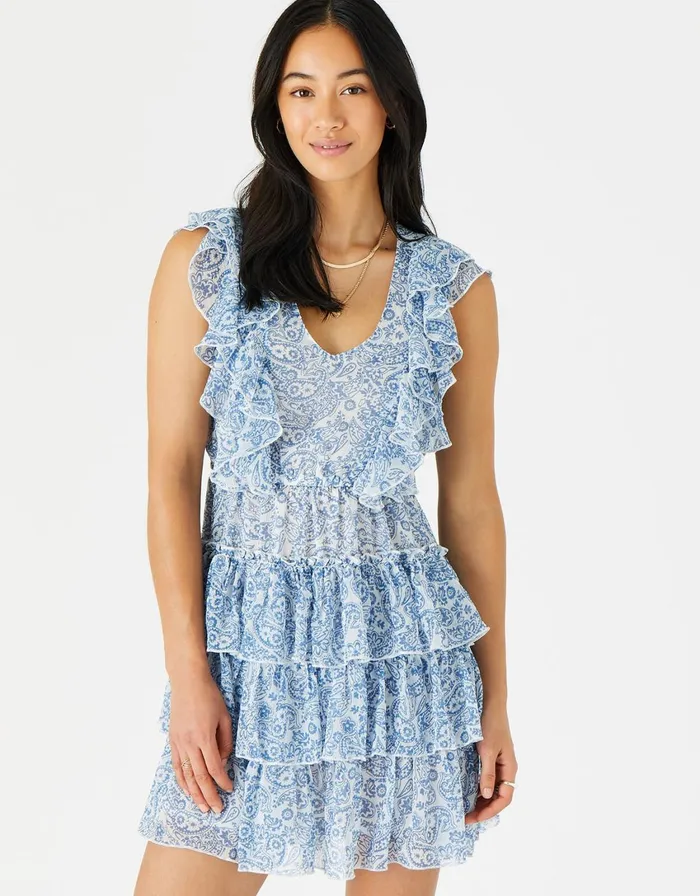 Accessorize Paisley Floral Mini Ruffle Dress Blue Blue Women Dresses
