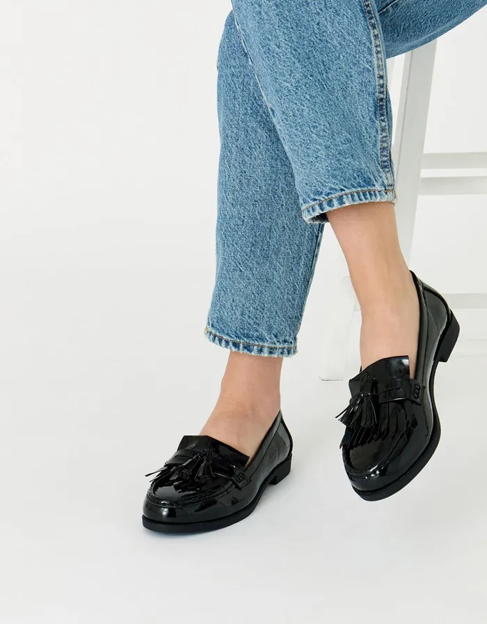 Accessorize Patent Fringe Loafers Black Black Women Flat Shoes