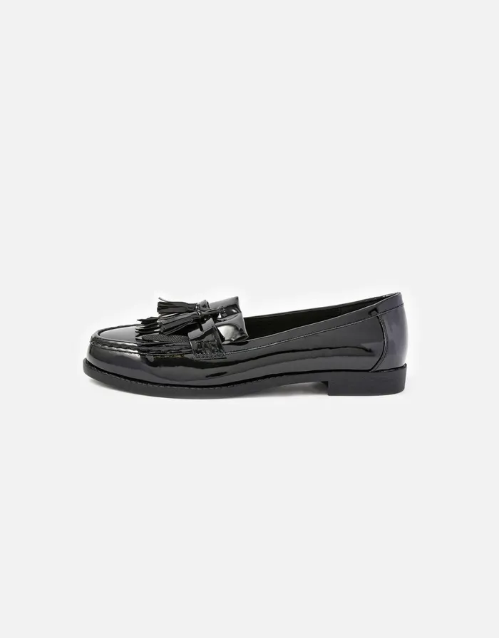 Accessorize Patent Fringe Loafers Black Black Women Flat Shoes