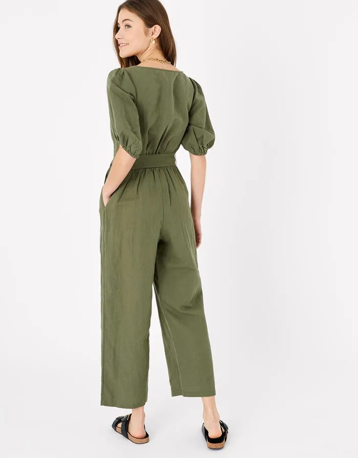 Accessorize Puff Sleeve Jumpsuit In Linen Blend Green Khaki Women Jumpsuits and Playsuits