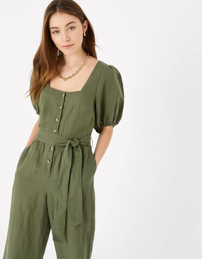 Accessorize Puff Sleeve Jumpsuit In Linen Blend Green Khaki Women Jumpsuits and Playsuits