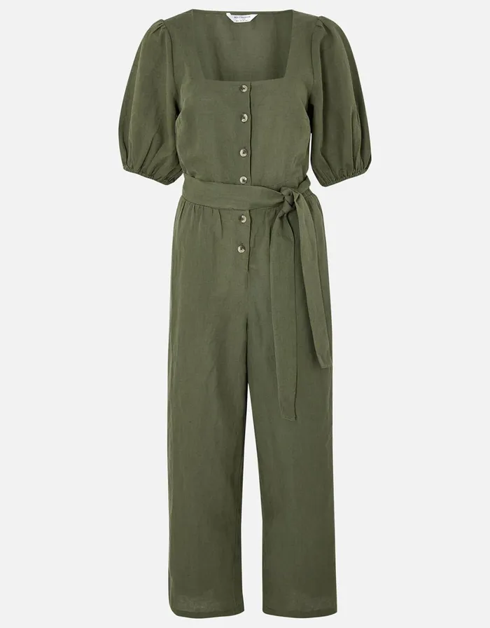 Accessorize Puff Sleeve Jumpsuit In Linen Blend Green Khaki Women Jumpsuits and Playsuits