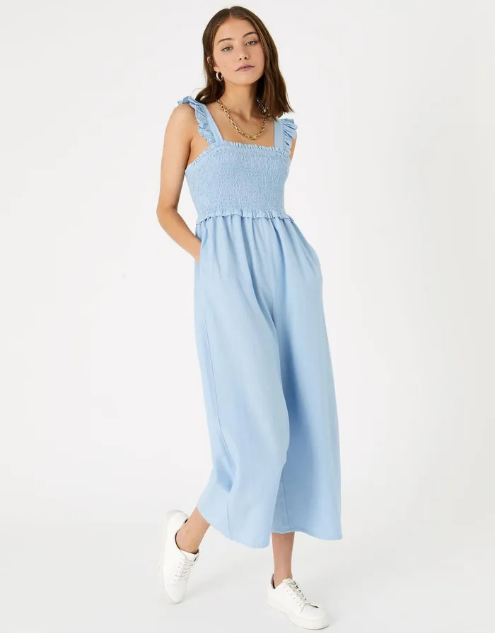 Accessorize Ruffle Strap Smocked Jumpsuit Blue Blue Women Jumpsuits and Playsuits