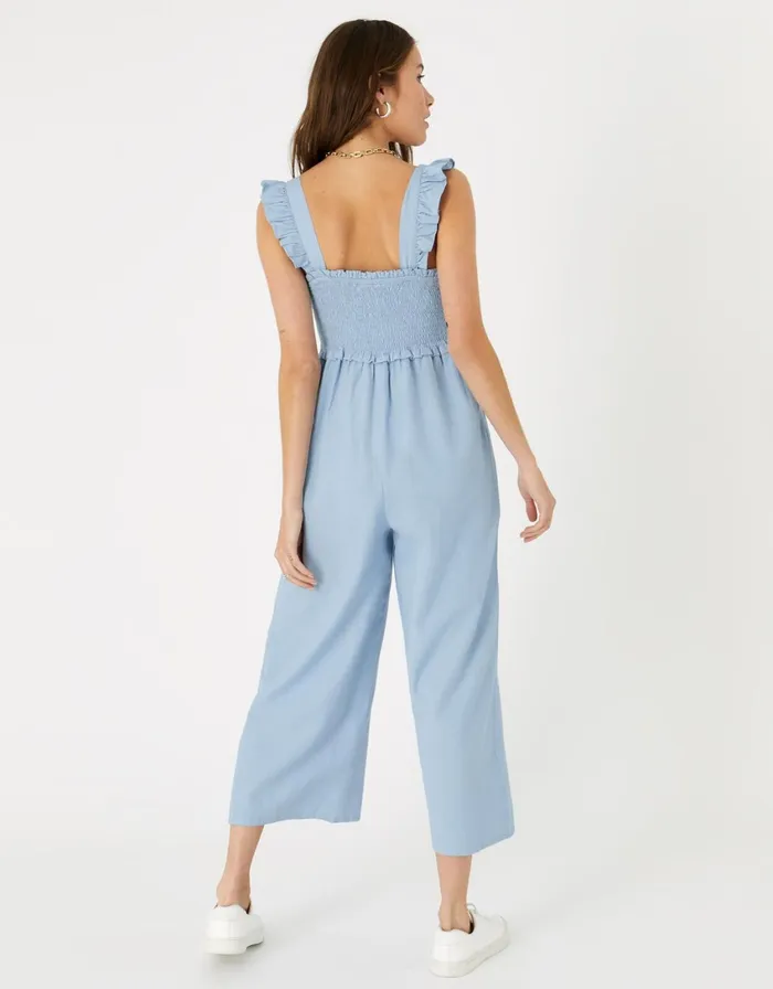 Accessorize Ruffle Strap Smocked Jumpsuit Blue Blue Women Jumpsuits and Playsuits