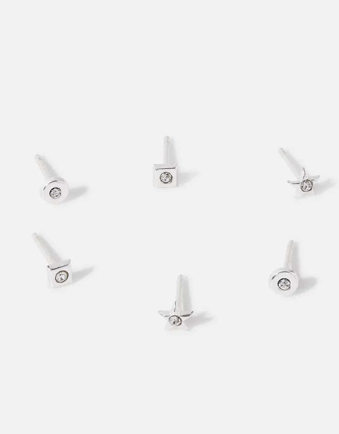 Accessorize Sterling Silver Crystal Shapes Stud Earring Set Women Earrings