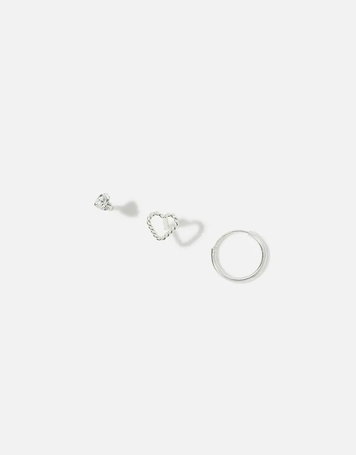 Accessorize Sterling Silver Single Heart Hoop And Stud Set Women Earrings