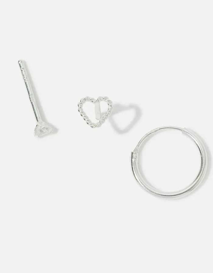 Accessorize Sterling Silver Single Heart Hoop And Stud Set Women Earrings