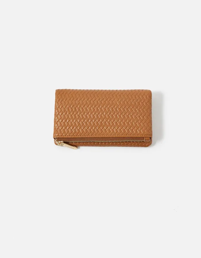 Accessorize Weave Zip Coin Purse Tan Tan Women Vegan Bags Backpacks and Purses