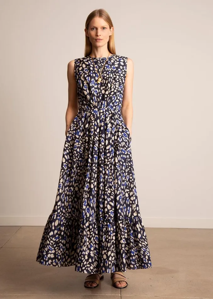 Adam Lippes Dresses and Jumpsuits Gathered Waist Dress In Printed Cotton Voile Blue Leopard 8211 Women