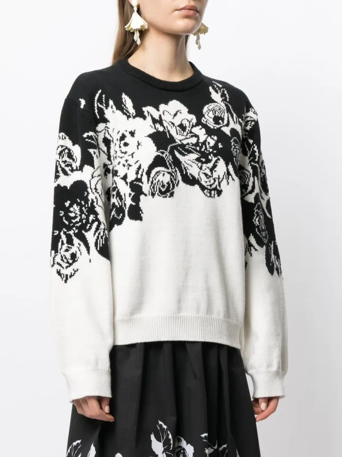 Adam Lippes Sweaters Intarsia Crewneck Sweater In Cotton Black Floral 8211 Women