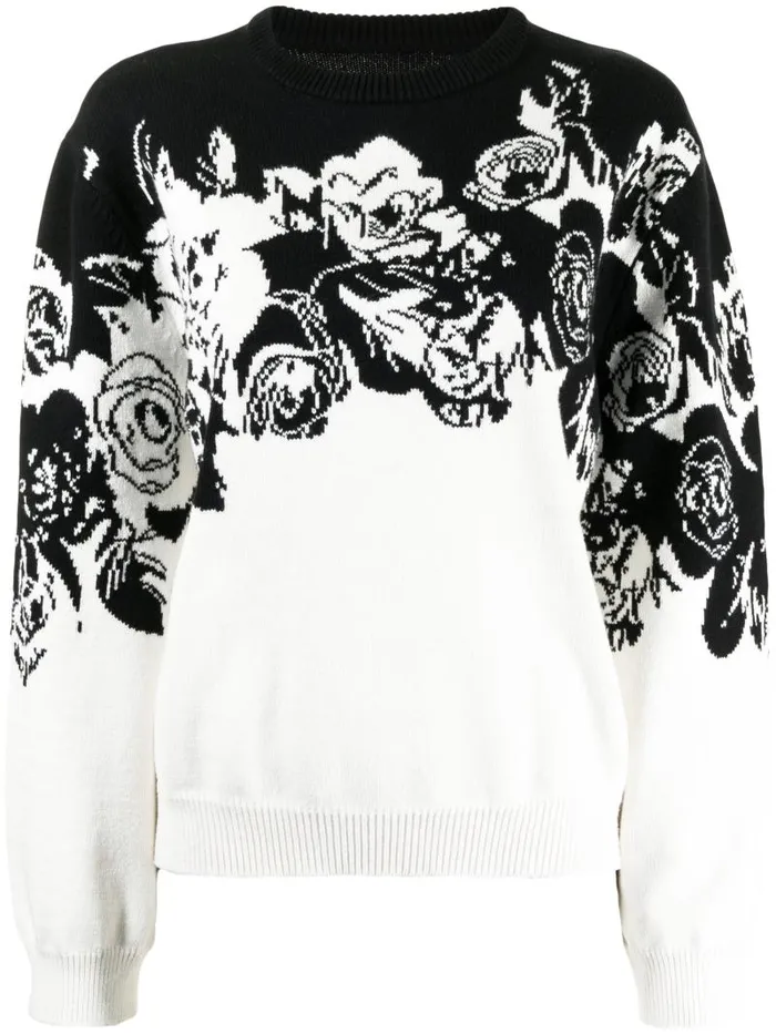 Adam Lippes Sweaters Intarsia Crewneck Sweater In Cotton Black Floral 8211 Women