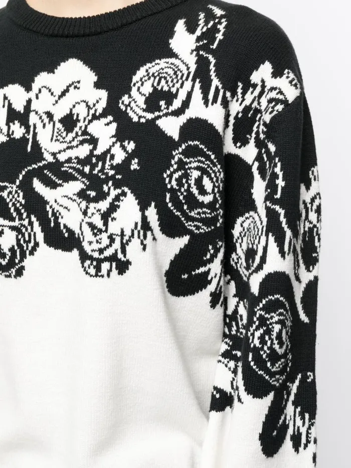 Adam Lippes Sweaters Intarsia Crewneck Sweater In Cotton Black Floral 8211 Women