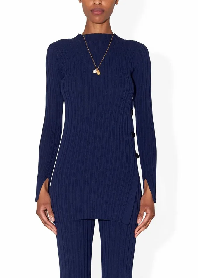 Adam Lippes Sweaters Tunic With Side Buttons In Cotton Crepe Navy 8211 Women