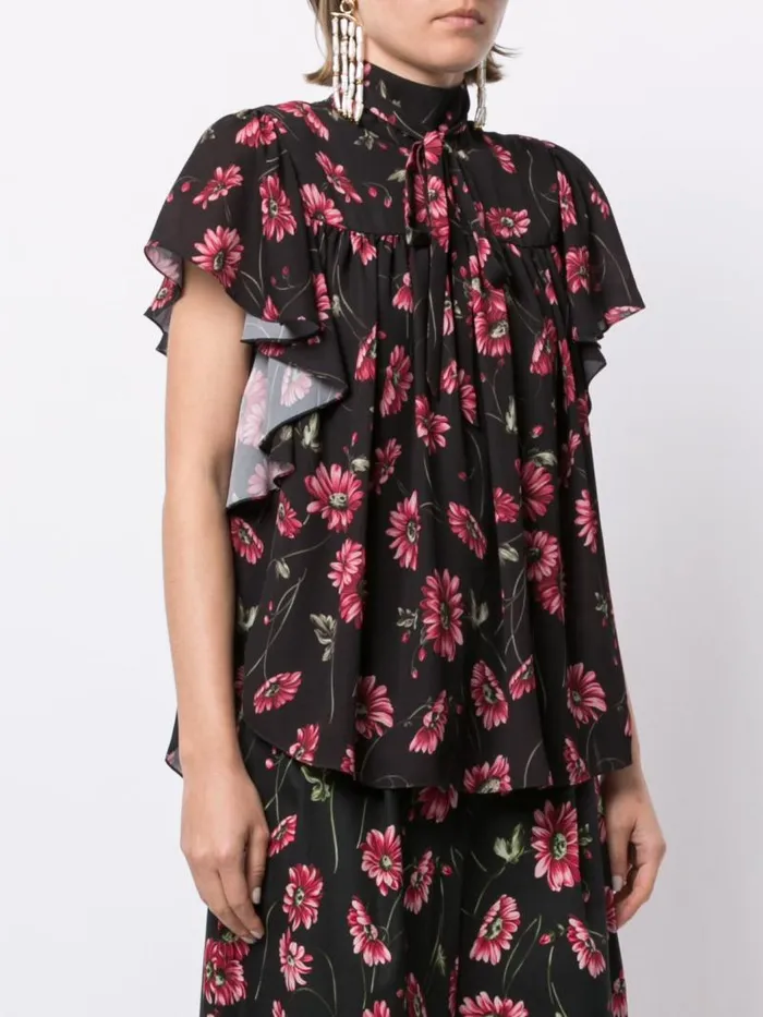 Adam Lippes Tops Flounce Sleeve Top In Printed Georgette Black Daisy 8211 Women