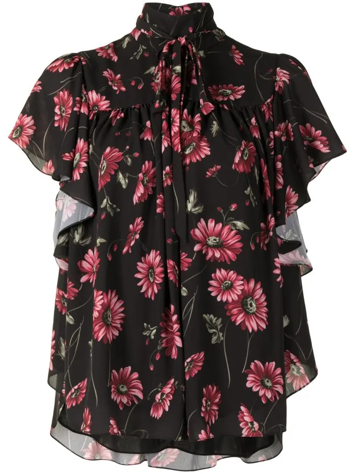 Adam Lippes Tops Flounce Sleeve Top In Printed Georgette Black Daisy 8211 Women