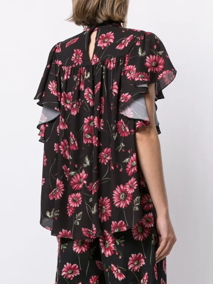 Adam Lippes Tops Flounce Sleeve Top In Printed Georgette Black Daisy 8211 Women