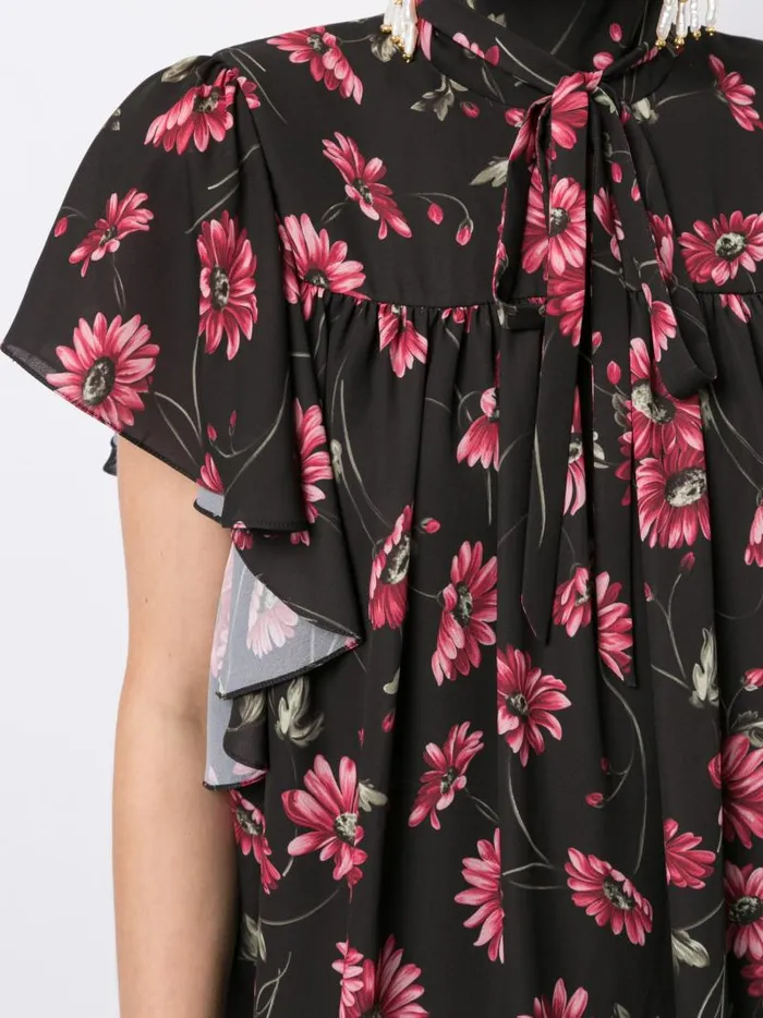 Adam Lippes Tops Flounce Sleeve Top In Printed Georgette Black Daisy 8211 Women