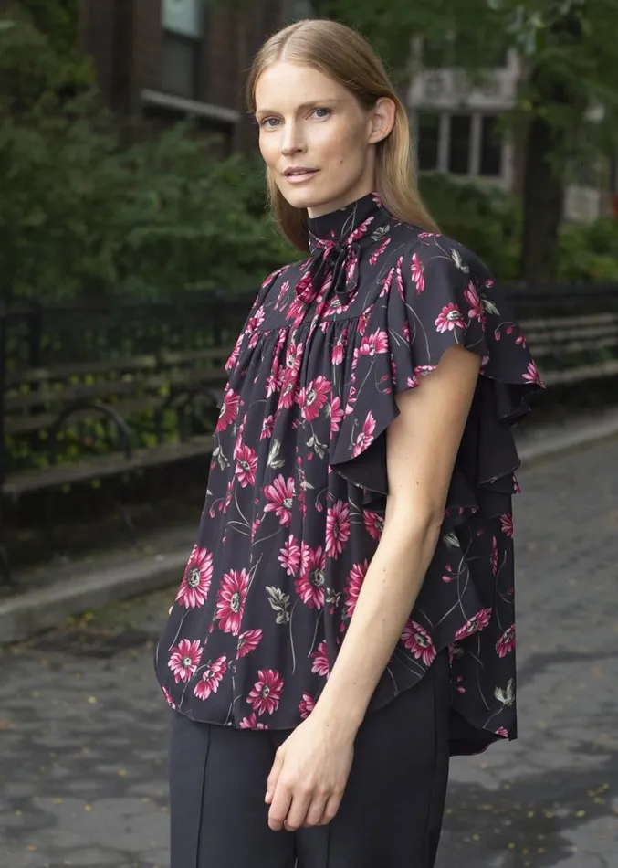 Adam Lippes Tops Flounce Sleeve Top In Printed Georgette Black Daisy 8211 Women