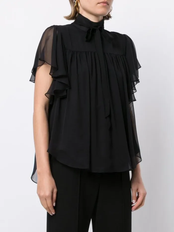 Adam Lippes Tops Flounce Sleeve Top In Silk Chiffon Black 8211 Women