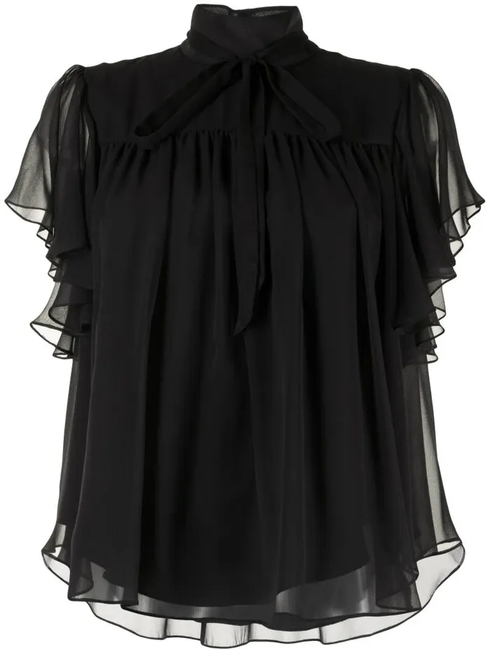 Adam Lippes Tops Flounce Sleeve Top In Silk Chiffon Black 8211 Women