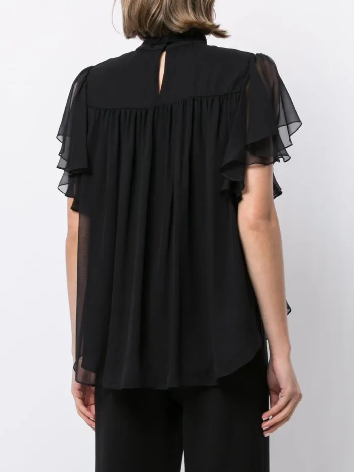 Adam Lippes Tops Flounce Sleeve Top In Silk Chiffon Black 8211 Women