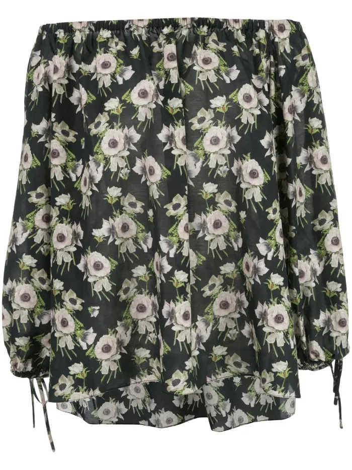 Adam Lippes Tops Long Sleeve OffTheShoulder Top In Printed Voile Black Floral 8211 Women