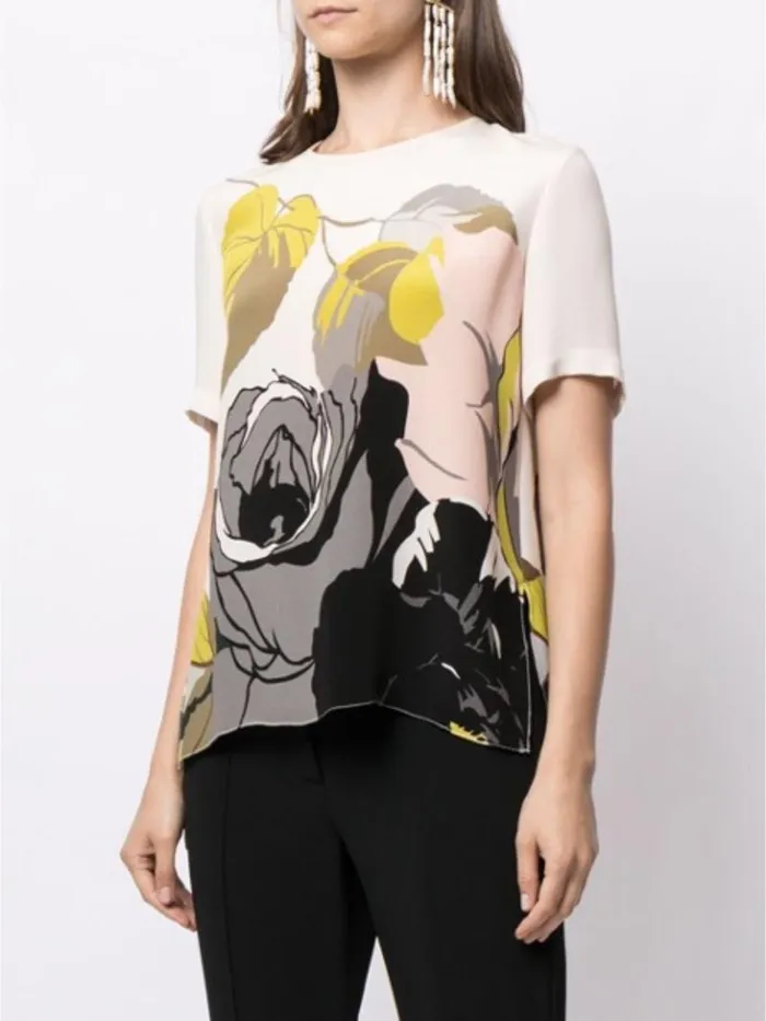 Adam Lippes Tops Pleat Back Short Sleeve Top In Printed Silk Crepe Ivory Floral 8211 Women