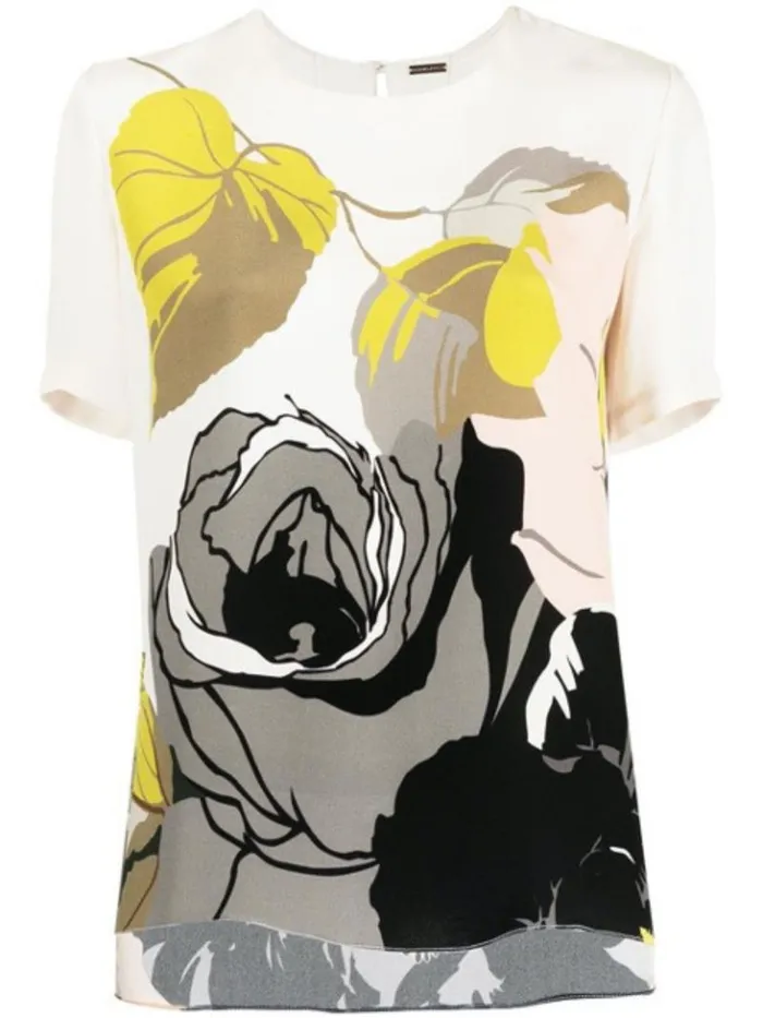 Adam Lippes Tops Pleat Back Short Sleeve Top In Printed Silk Crepe Ivory Floral 8211 Women