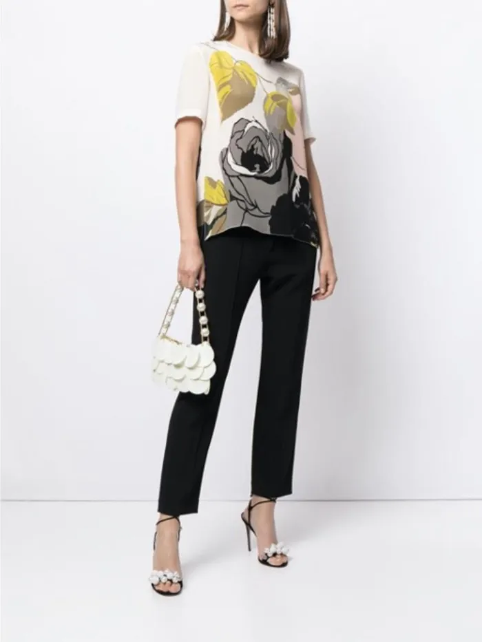 Adam Lippes Tops Pleat Back Short Sleeve Top In Printed Silk Crepe Ivory Floral 8211 Women