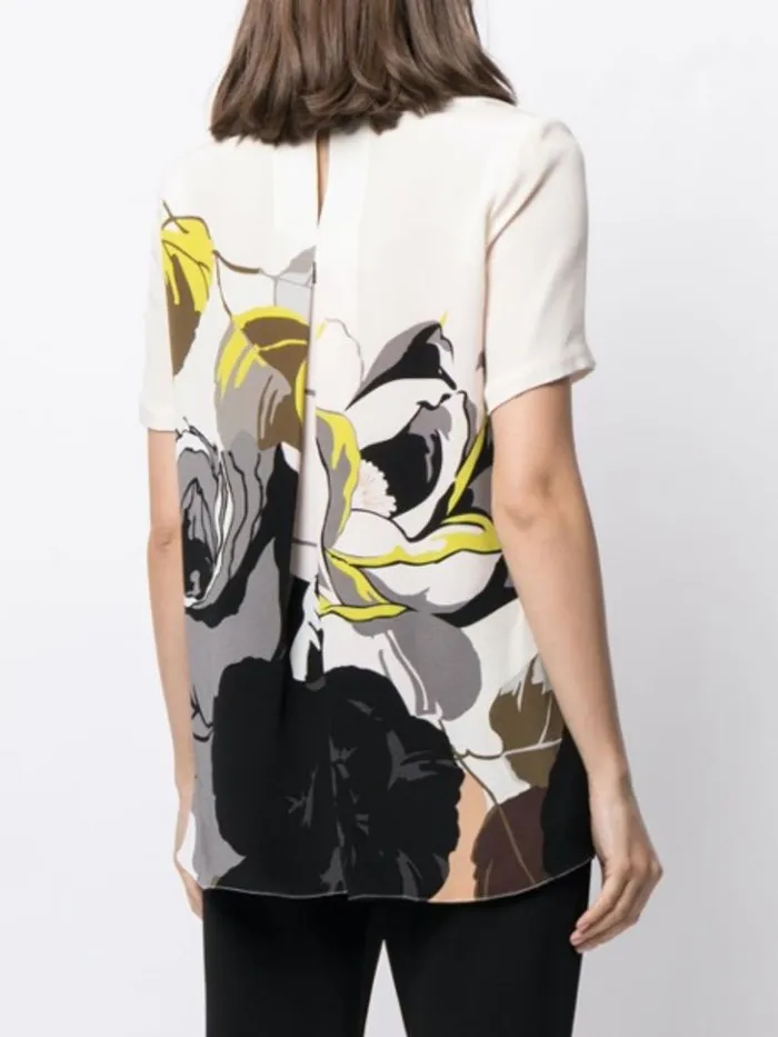 Adam Lippes Tops Pleat Back Short Sleeve Top In Printed Silk Crepe Ivory Floral 8211 Women