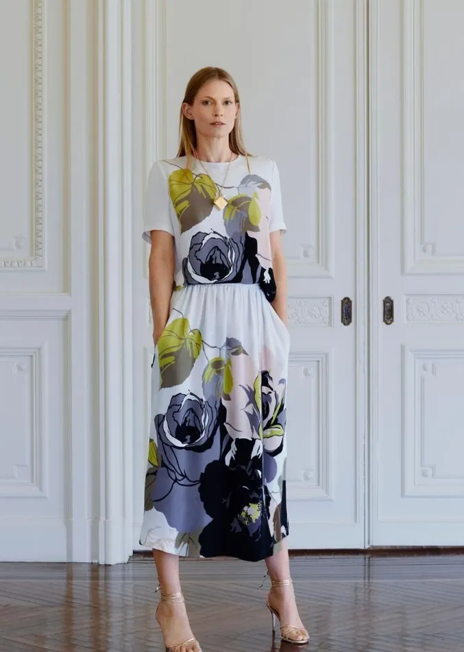 Adam Lippes Tops Pleat Back Short Sleeve Top In Printed Silk Crepe Ivory Floral 8211 Women