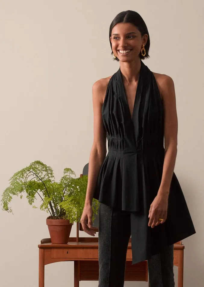 Adam Lippes Tops Pleated Asymmetrical Top In Cotton Poplin Black 8211 Women