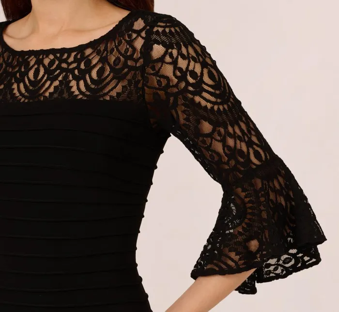 Adrianna Papell Day Dresses Banded Jersey Dress With Sheer Lace Bell Sleeves In Black 8211 Women