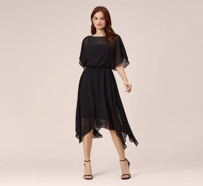Adrianna Papell Day Dresses Chiffon Blouson Midi Dress With Flutter Sleeves In Black 8211 Women