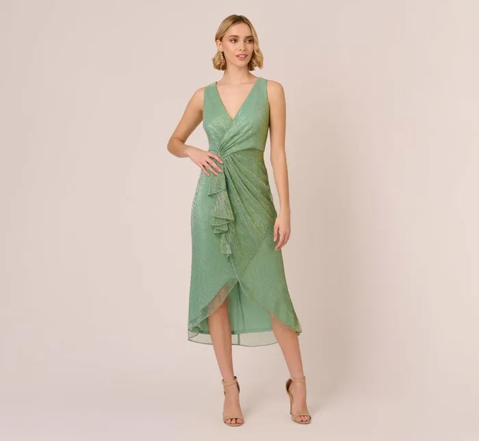 Adrianna Papell Day Dresses Crinkle Metallic Faux Wrap Dress With Draped Detail In Green Slate 8211 Women