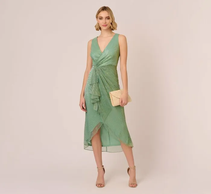 Adrianna Papell Day Dresses Crinkle Metallic Faux Wrap Dress With Draped Detail In Green Slate 8211 Women