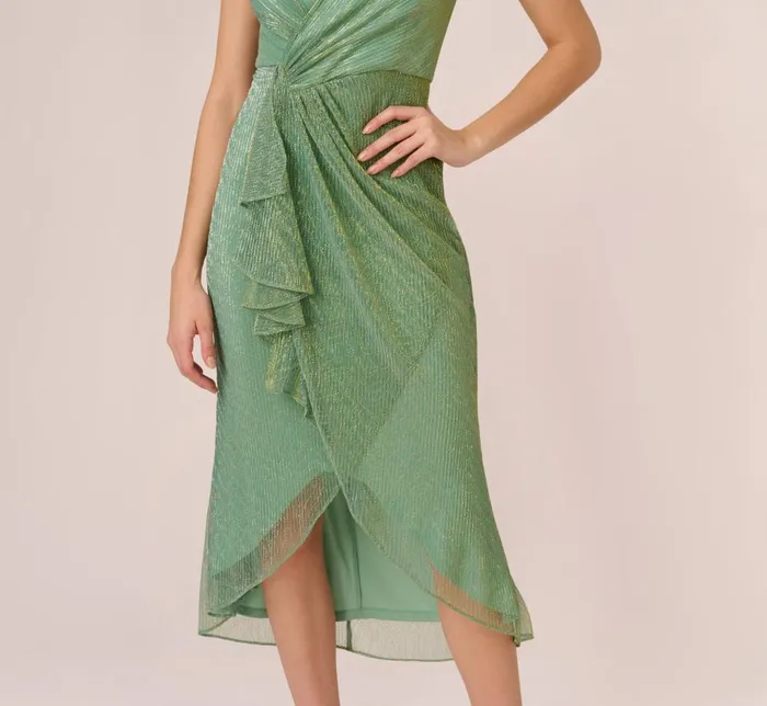 Adrianna Papell Day Dresses Crinkle Metallic Faux Wrap Dress With Draped Detail In Green Slate 8211 Women