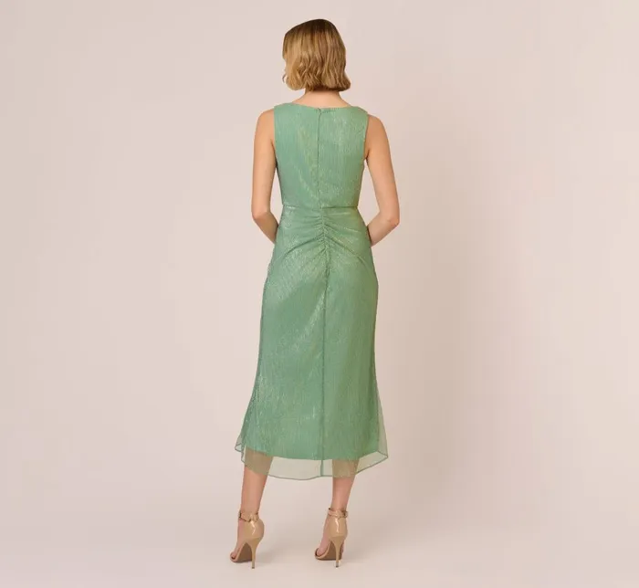 Adrianna Papell Day Dresses Crinkle Metallic Faux Wrap Dress With Draped Detail In Green Slate 8211 Women
