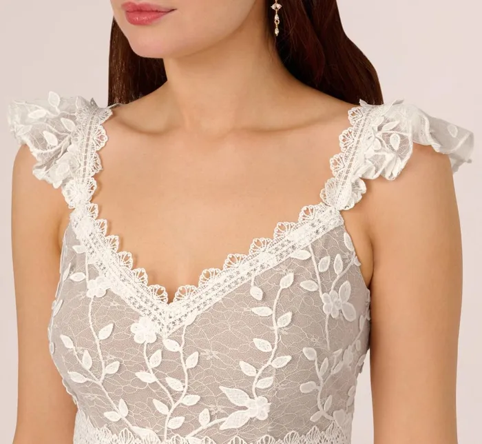 Adrianna Papell Day Dresses Floral Embroidered Lace Dress With Ruffle Trim In Ivory Nude 8211 Women