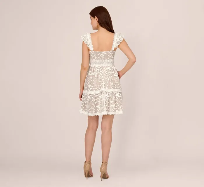 Adrianna Papell Day Dresses Floral Embroidered Lace Dress With Ruffle Trim In Ivory Nude 8211 Women