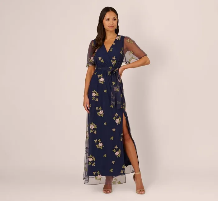 Adrianna Papell Day Dresses Floral Embroidered Maxi Dress With Sheer Flutter Sleeves In Navy Multi 8211 Women