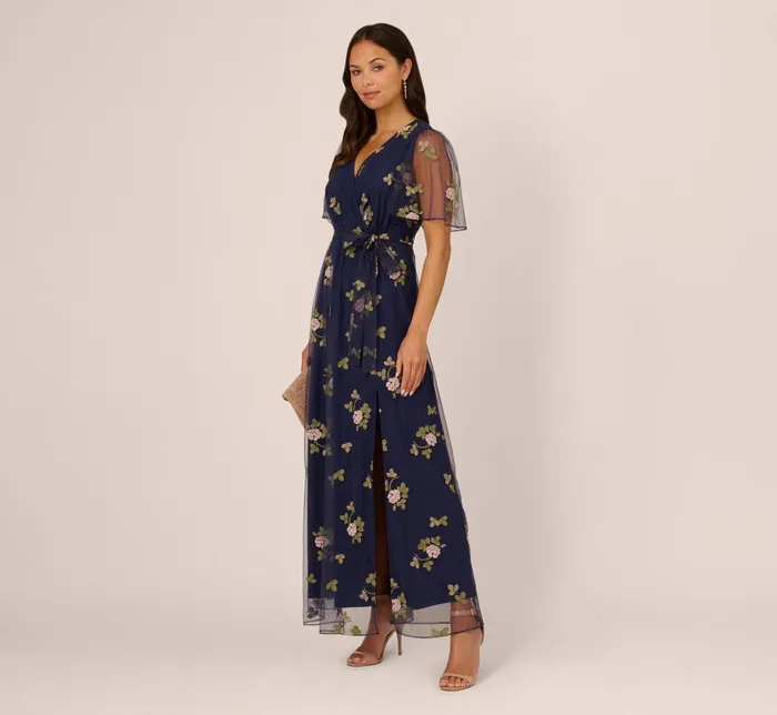 Adrianna Papell Day Dresses Floral Embroidered Maxi Dress With Sheer Flutter Sleeves In Navy Multi 8211 Women