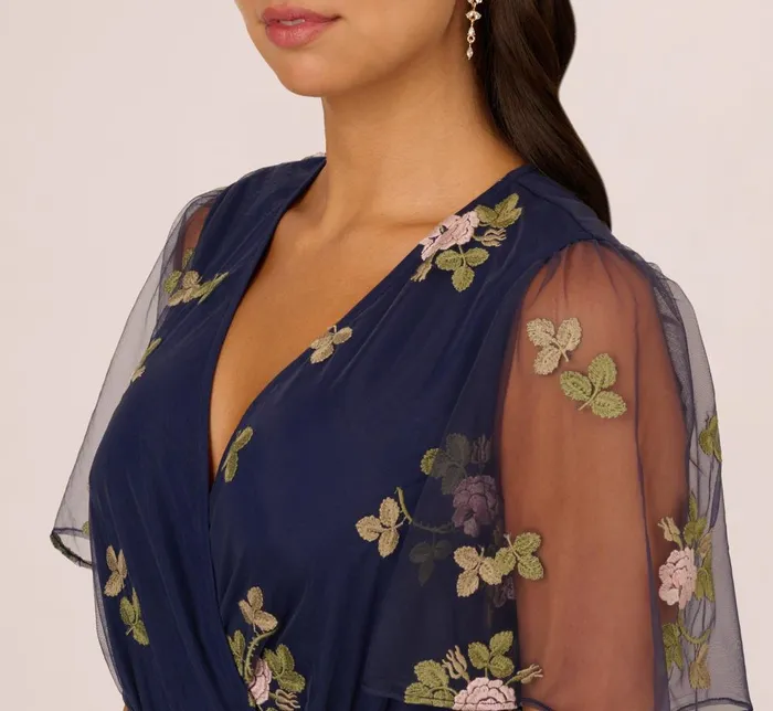 Adrianna Papell Day Dresses Floral Embroidered Maxi Dress With Sheer Flutter Sleeves In Navy Multi 8211 Women