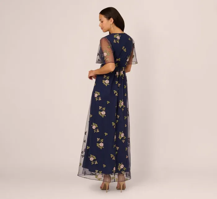 Adrianna Papell Day Dresses Floral Embroidered Maxi Dress With Sheer Flutter Sleeves In Navy Multi 8211 Women