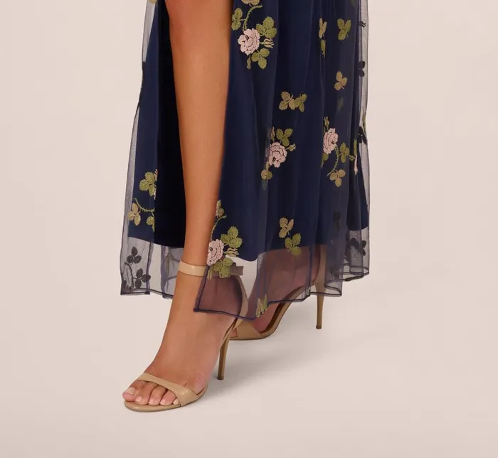 Adrianna Papell Day Dresses Floral Embroidered Maxi Dress With Sheer Flutter Sleeves In Navy Multi 8211 Women