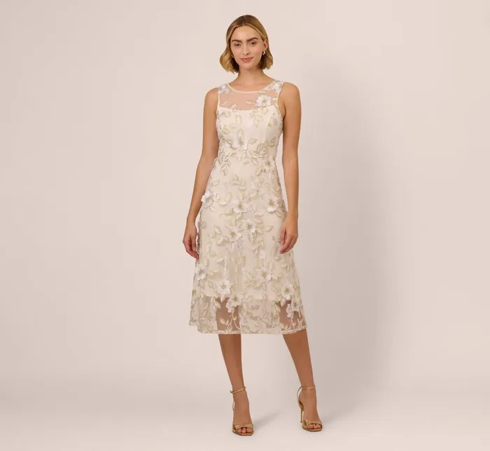 Adrianna Papell Day Dresses Floral Embroidery Illusion Midi Dress In Ivory Gold 8211 Women