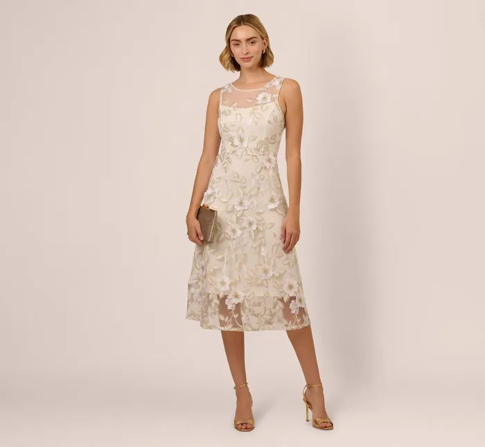 Adrianna Papell Day Dresses Floral Embroidery Illusion Midi Dress In Ivory Gold 8211 Women